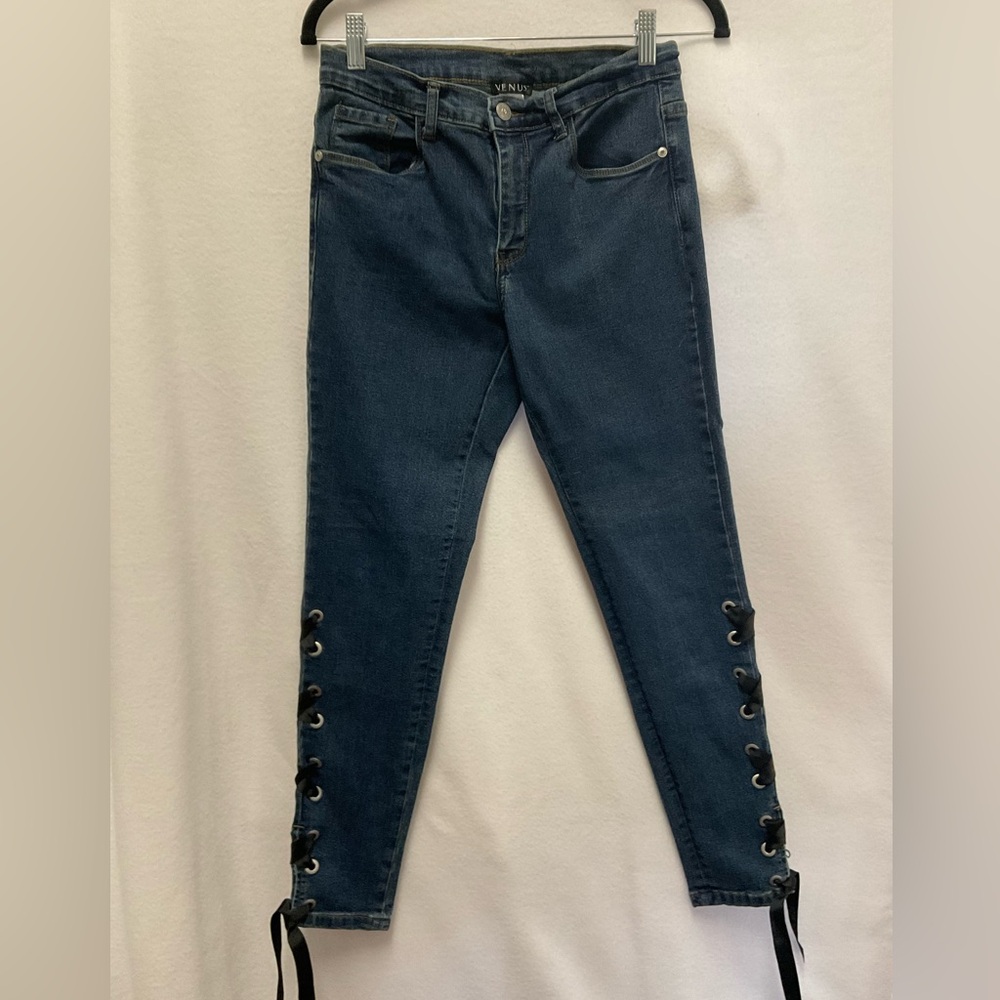 VENUS Dark Blue Skinny Jeans with Lace-Up Hem